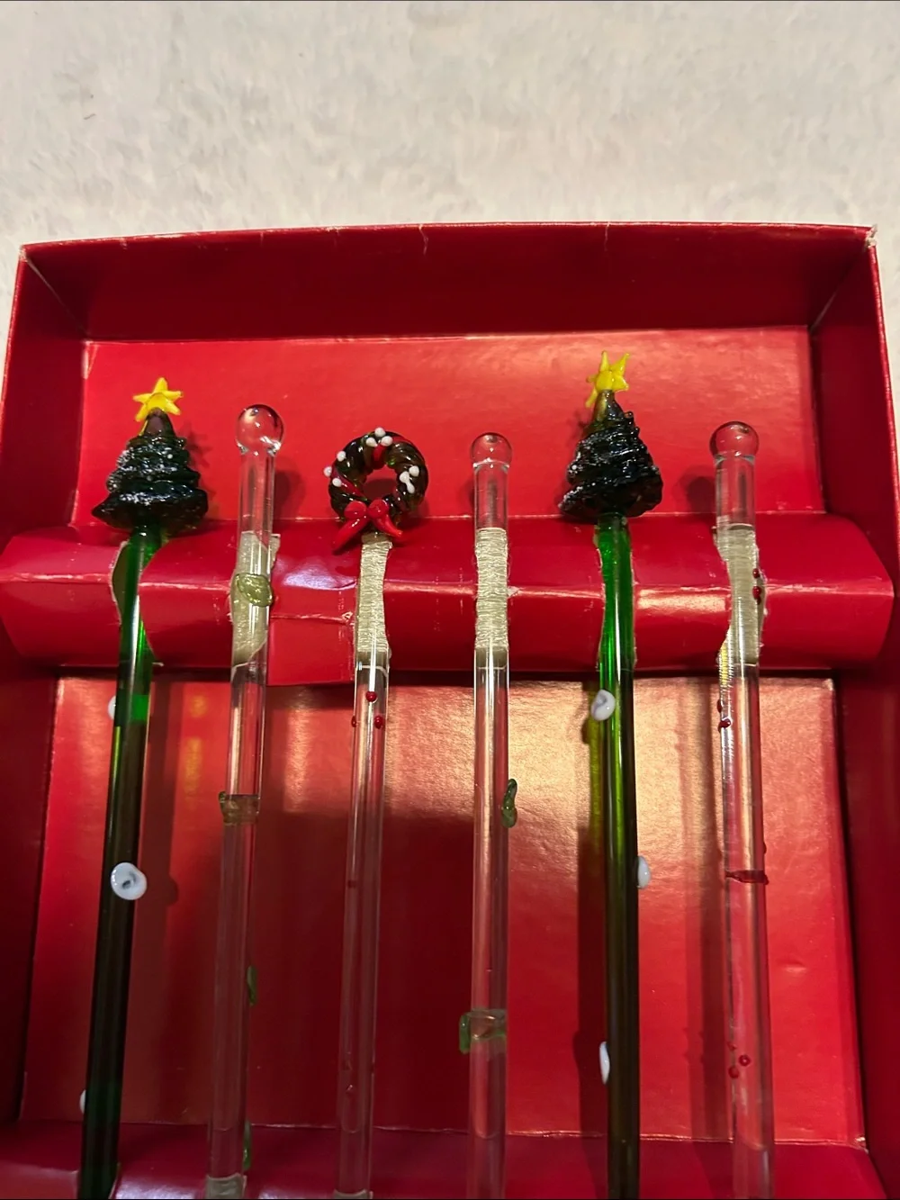 Boston Market Set of 6 Swizzle Stick stirs & 3 Corks Christmas Whimsical Glass